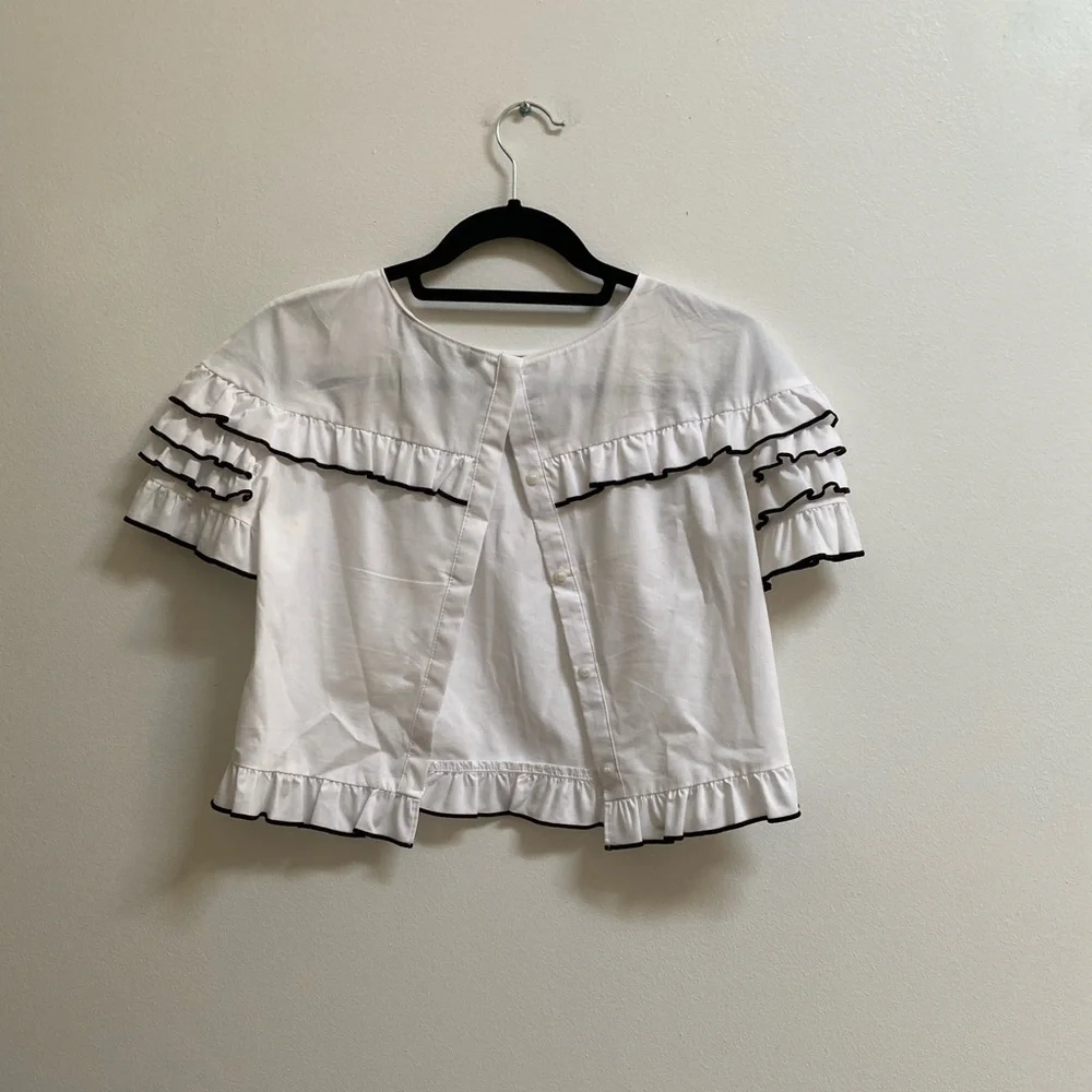 Zara Ruffle Trim Button Back Poplin Shirt XS - Picture 3 of 5